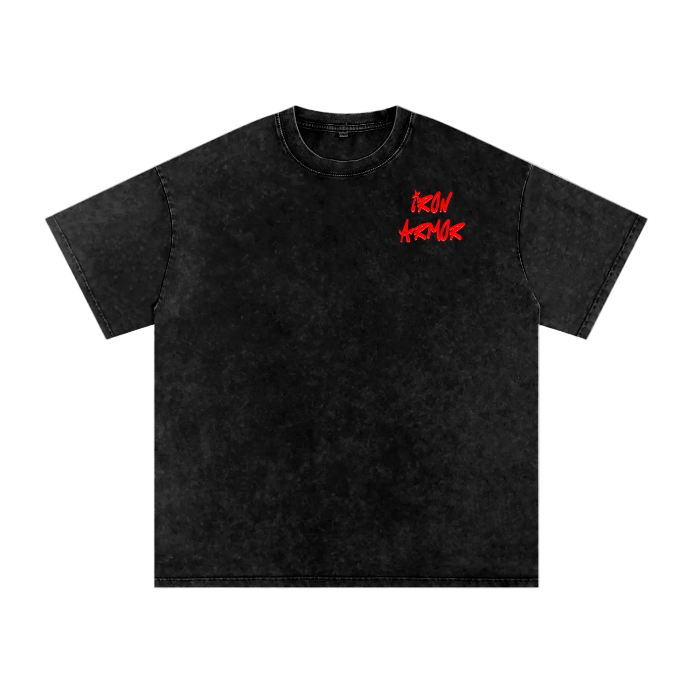Black t-shirt with red text on a white background