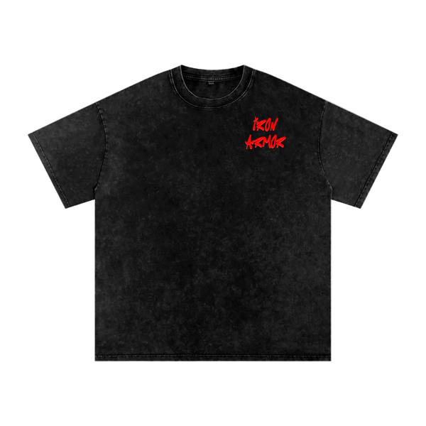 Black t-shirt with red text on a white background