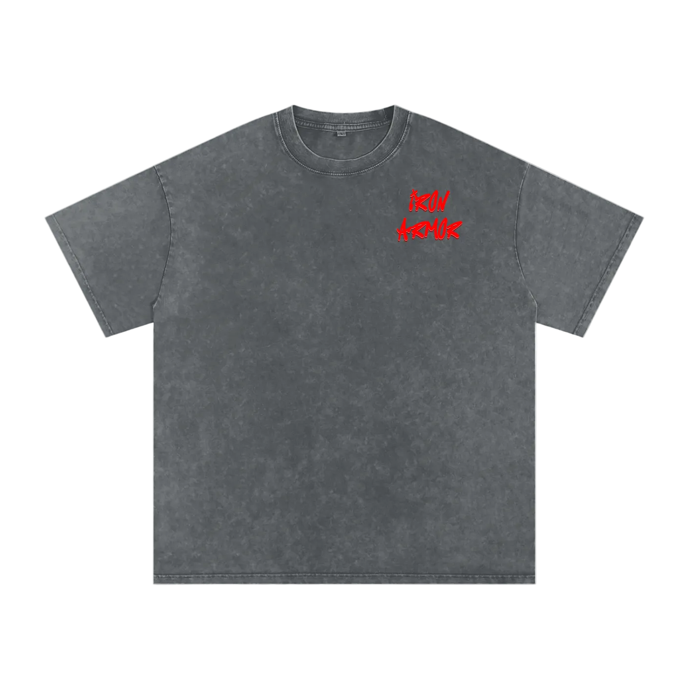 Gray t-shirt with red and white text on a white background