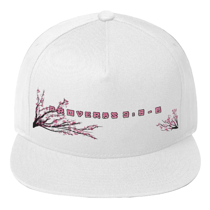 clarity street wear flat bill cap white front view cherry blossom design