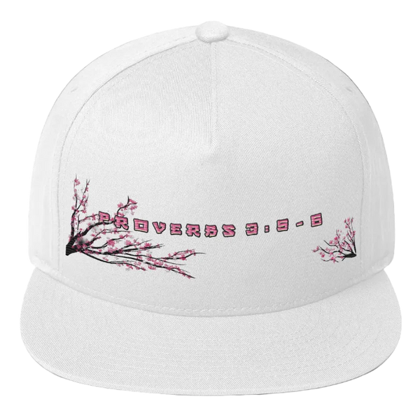 clarity street wear flat bill cap white front view cherry blossom design