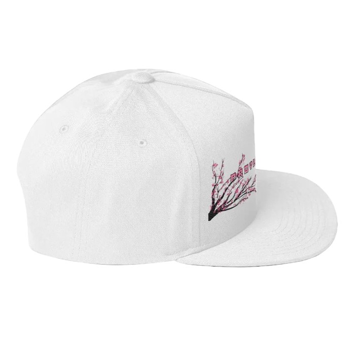 clarity street wear flat bill cap white left side view cherry blossom design