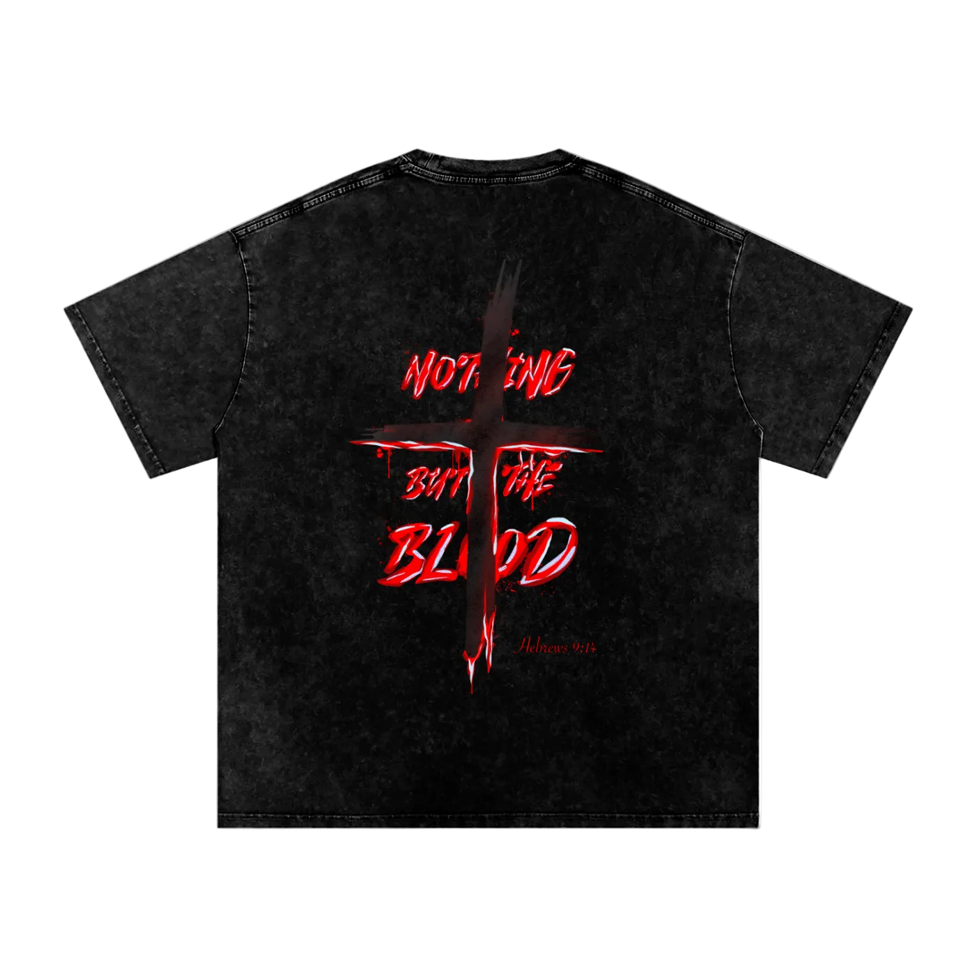 Black t-shirt with red graphic design and text on a white background