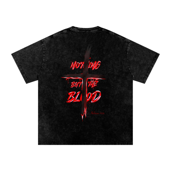 Black t-shirt with red graphic design and text on a white background